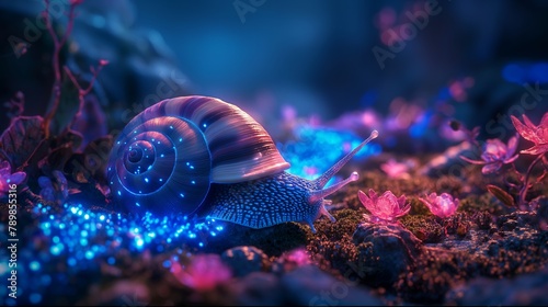 Colorful bioluminescence plants in Pandora flowers planet at nigh, focus on snail, glowing path, blue and pink glow, epic landscape in background