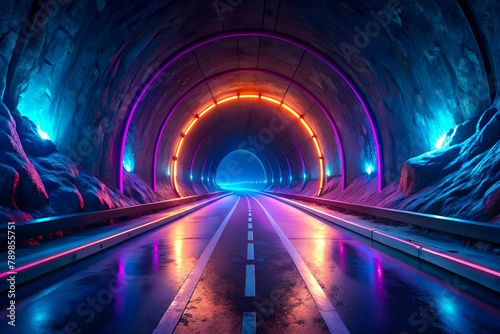 An empty tunnel road with glowing neon lights representing background