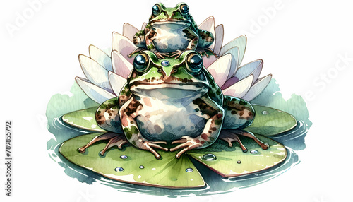 Watercolor Hand Drawing Amphibian Aura: A Frog Sits on a Lily Pad with Reflecting Eyes - Close Up Double Exposure Photo for Stock Construction