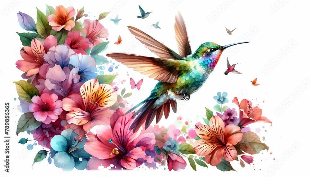 Watercolor Hand Drawing of Fluttering Petals: A Hummingbird Capturing Nature's Dance in Vibrant Close-Up Flowers - Small Animal Double Exposure Photo Stock