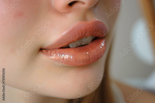 Close up of large plump lips of woman with Hyaluronic acid beauty fillers © Firn