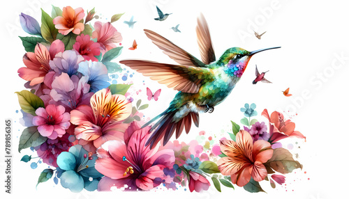Watercolor Hand Drawing of Fluttering Petals  A Hummingbird Capturing Nature s Dance in Vibrant Close-Up Flowers - Small Animal Double Exposure Photo Stock