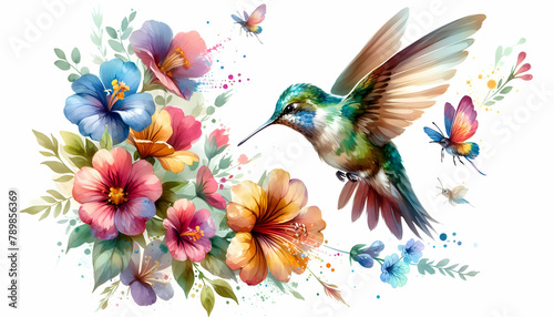 Watercolor Hand Drawing: Fluttering Petals - A Hummingbird Capturing the Essence of Nature Dance in Close Up Small Animal Double Exposure Photo - Stock Construction Concept