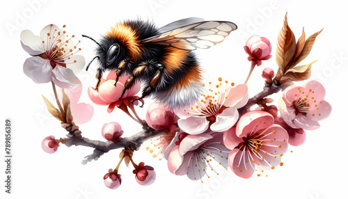 Watercolor Hand Drawing of Furry Blossom: A Bumblebee in Close-up Contrasts with Cherry Blossoms in Double Exposure - Stock Photo Illustration
