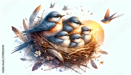 Watercolor Hand Drawing of a Family of Birds Nestled Together, Symbolizing Unity and Warmth, in Close-Up Small Animal Double Exposure - Photo Stock Construction Concept