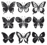 a set of butterflies in black and white