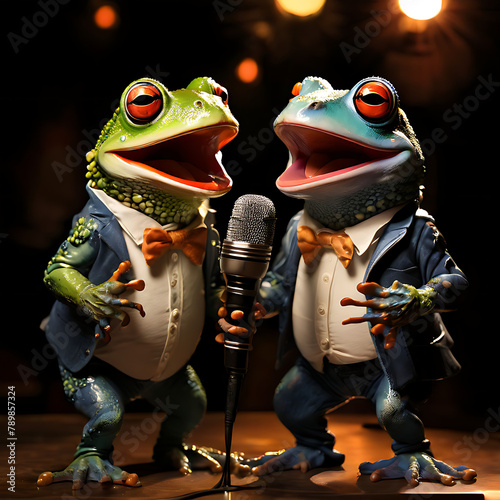 두엤으로 노래하는청자켓 입은  개구리 마이크 앞에서 한곡하는모습 photo