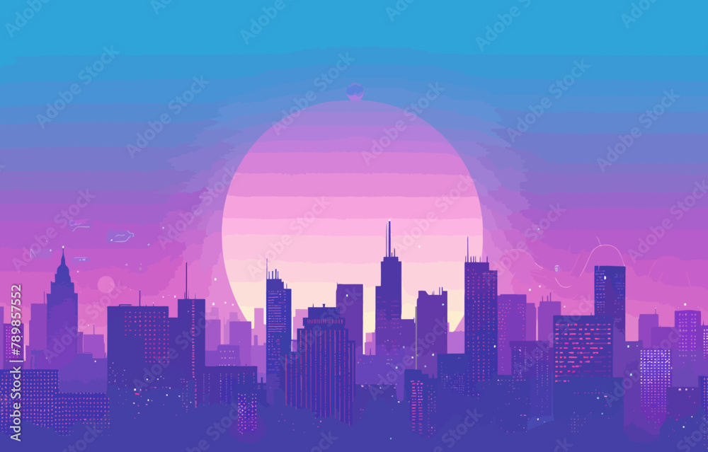 a purple and blue cityscape with the sun in the background