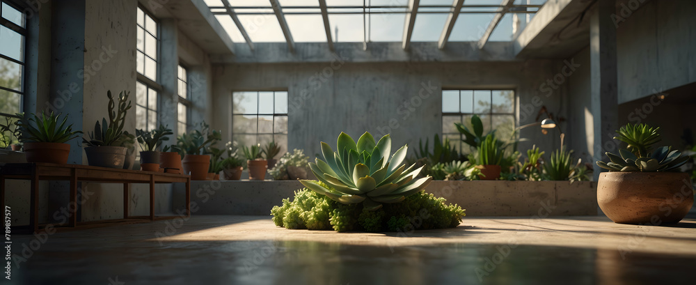 Artistic Abode: A Creative Studio Space with Large Skylights and a Sculptural Succulent Display in Realistic Interior Design with Nature Photo Stock Concept