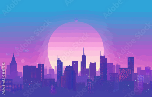 a purple and blue cityscape with the sun in the background