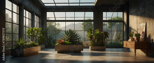 Sunlit Sanctuary: A Creatively Designed Studio with Skylights, Succulent Display, and Realistic Nature-Inspired Interior photo