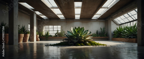 Artistic Abode: A Creative Studio Interior with Skylights and Sculptural Succulent Display photo