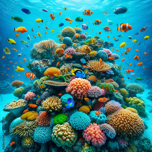 Tropical underwater sea life at bright and colorful Coral reef landscape.