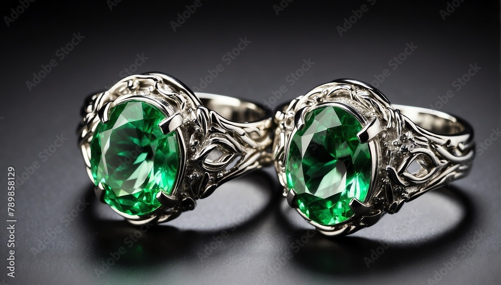 pair of silver rings with green gemston plain black background from Generative AI pair of silver rings with green gemston plain black background from Generative AI