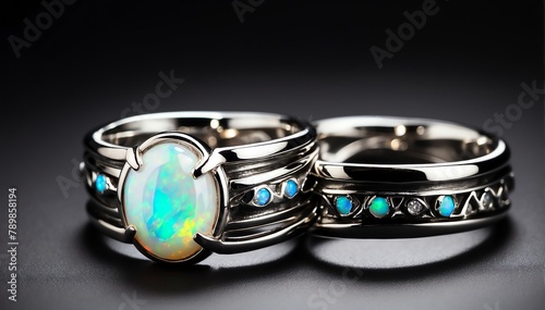 pair of silver rings with opal gemston plain black background from Generative AI