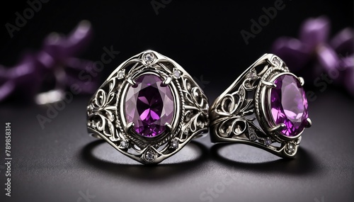 pair of silver rings with purple gemston plain black background from Generative AI