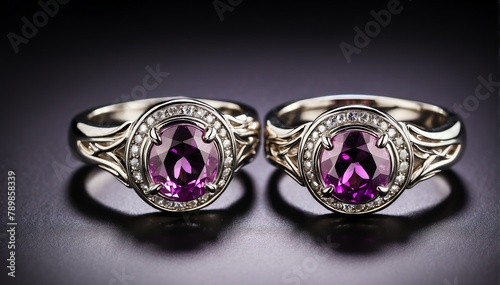 pair of silver rings with purple gemston plain black background from Generative AI