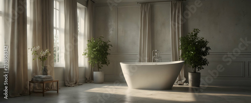 Ethereal Bathroom with Delicate Draperies and Jasmine Plant for a Dreamlike Quality in Realistic Interior Design with Nature