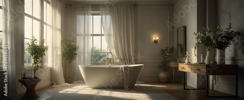 Ethereal Bathroom with Light Draperies and Delicate Jasmine Plant for Airy Dreamlike Quality in Realistic Interior Design with Nature