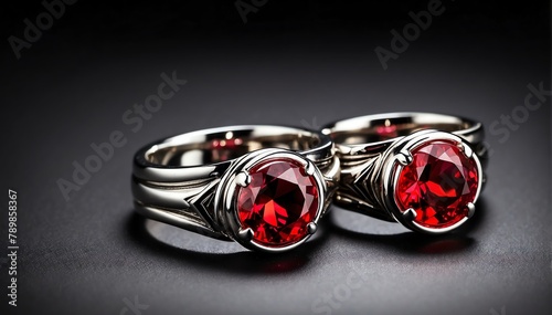 pair of silver rings with red gemston plain black background from Generative AI