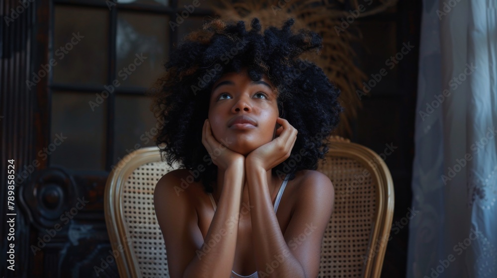 A woman sitting in a chair with her hand on her chin A woman sitting in a chair with her hand on her chin