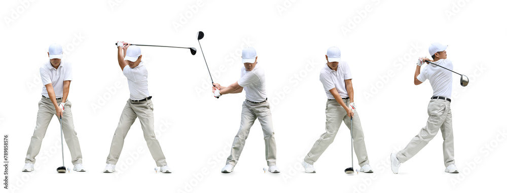Photography Golfer driver swing sequence isolated on white background.