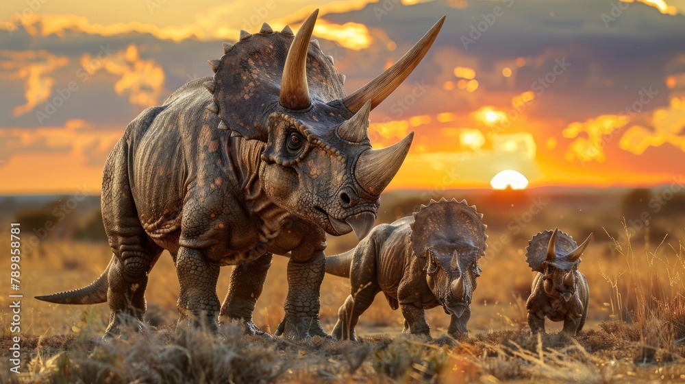 Fototapeta premium AI-generated majestic dinosaurs in a prehistoric landscape. Triceratops. The concept of time when dinosaurs ruled the Earth.