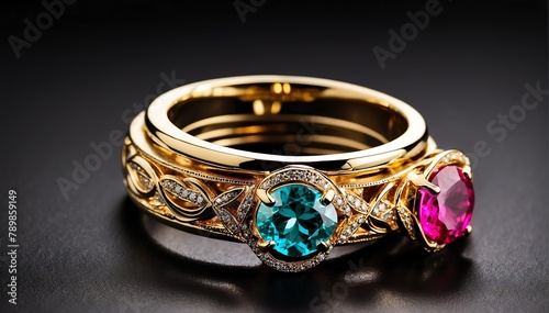 pair of gold rings with colorful gemston plain black background from Generative AI