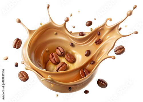 Coffee Swirl Splash With Falling Beans on Transparent Background