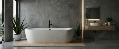 Nordic Serenity  A Scandinavian Bathroom with Sleek Lines and a Potted Aloe for a Cool Calm Atmosphere in Realistic Interior Design with Nature - Photo Stock Concept