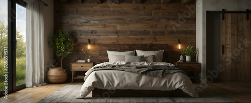 Rustic Haven: A Country Style Bedroom with Barnwood Panels and Wildflower Vase for a Rustic Hideaway