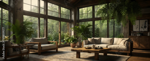 Rustic Radiance: A Natural Living Room with Exposed Beams and Sunroom Filled with Ferns - Realistic Interior Design with Nature