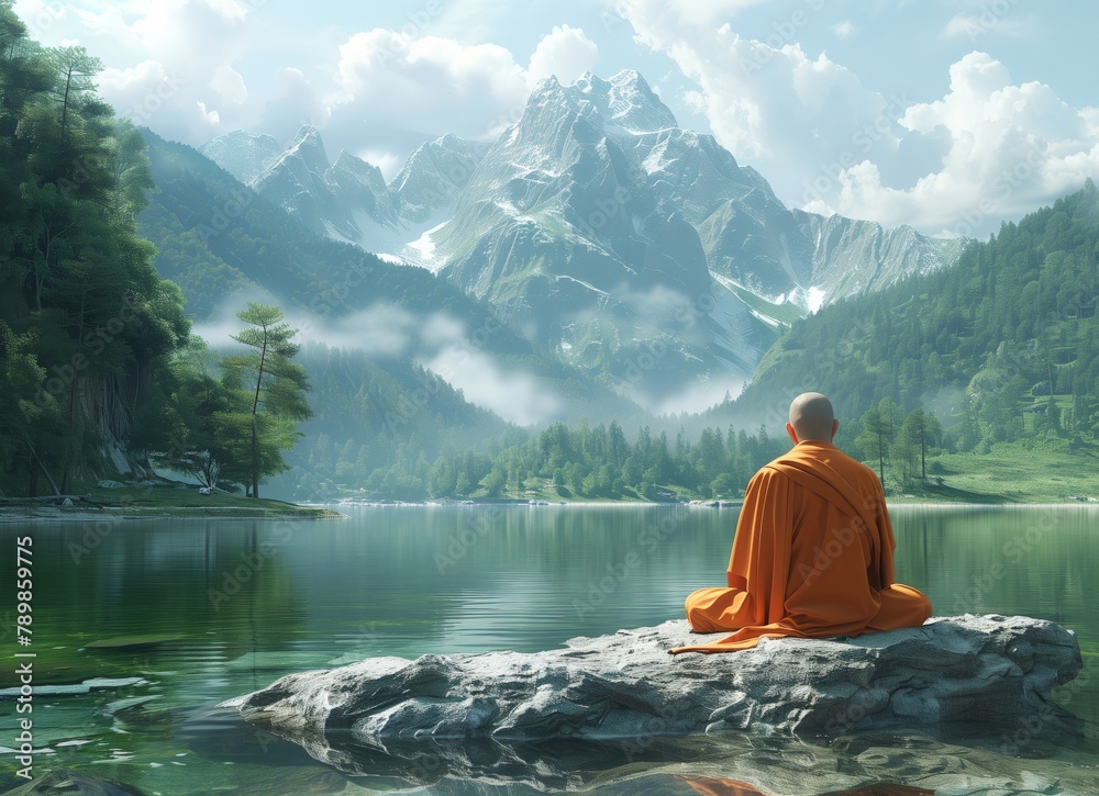 A monk meditates on the stone in front of him, surrounded by lush green forests and mountains