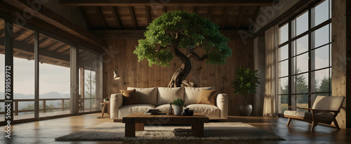 Serene Rustic Living Room with Wooden Beams and Bonsai Tree, Perfect for Cozy Retreat in Nature - Realistic Interior Design Concept © Gohgah