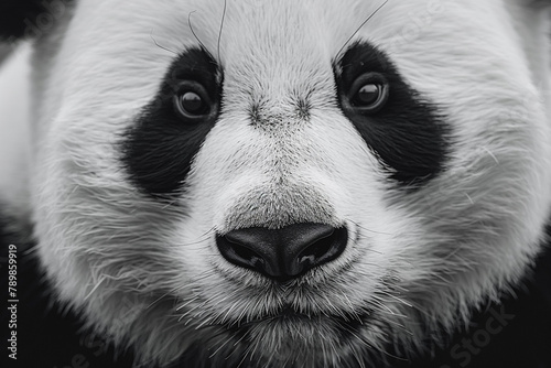 Tranquility and beauty converge in this stunning image of a black and white panda face, capturedin high resolution on a white background.