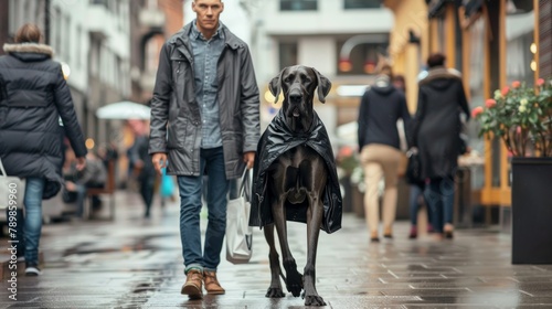 A majestic Great Dane, looking like a walking raincloud in a sleek black raincoat, calmly navigates a crowded sidewalk with its owner