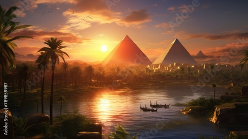 Landscape with ancient Egyptian pyramids  beautiful sky and sunset. The concept of ancient history. AI-generated.
