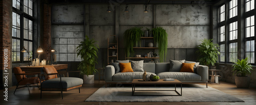 Urban Loft Living Room with Industrial Elements and Greenery, Blending Urban with Nature - Realistic Interior Design Photo