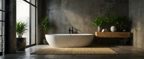 Urban Zen  Chic Industrial Bathroom with Bamboo Plant - Realistic Interior Design with Calming City Vibe