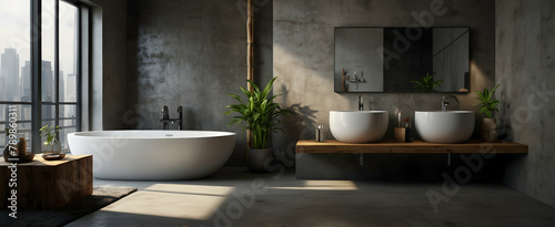 Serene Urban Bathroom with Industrial Accents and Natural Elements for a Calming City Atmosphere - Realistic Interior Design with Nature