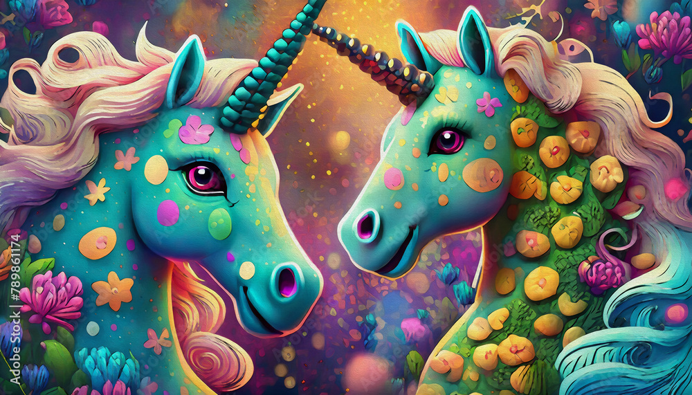 oil painting style CARTOON CHARACTER Multicolored BLUE Unicorn