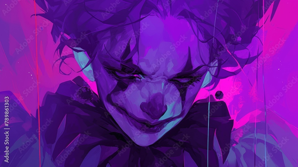 The sinister cartoon clown in violet hues gave me quite a fright The sinister cartoon clown in violet hues gave me quite a fright