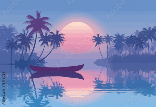 a boat floating on top of a body of water near palm trees