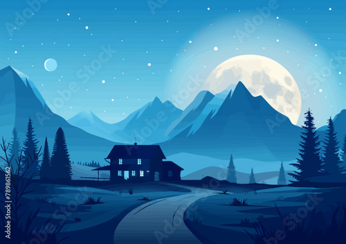 a night scene with a house and a full moon