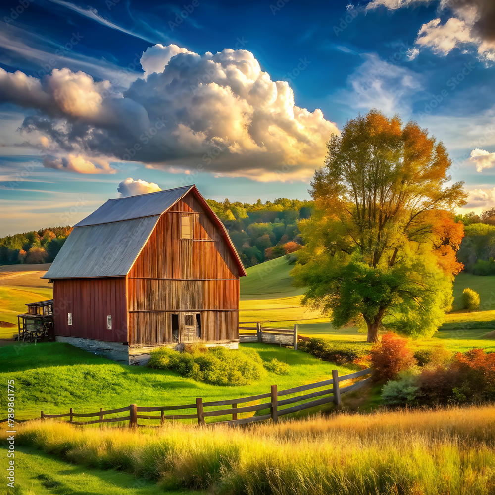 a peaceful countryside scene with a barn a peaceful countryside scene with a barn
