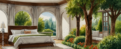 Serene Garden View Bedroom with Watercolor Hand-drawn Floral Motifs and Topiary - Realistic Interior Design Concept for a Refreshing Morning Wake-up