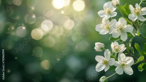 White flowers and buds on a branch with a soft bokeh background.