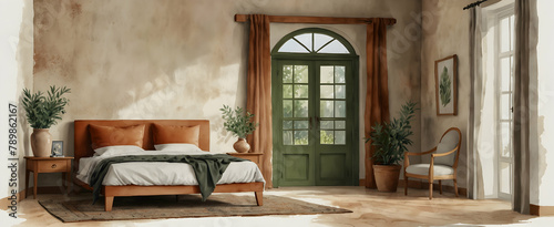 Watercolor hand drawing captures the Mediterranean Slumber: A realistic interior design of a bedroom inspired by the Mediterranean, featuring terracotta accents and a single olive branch for a warm am