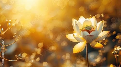 banner background Theravada New Year Day theme, and wide copy space, An elegant illustration of a golden lotus flower, symbolizing purity and enlightenment, with a serene background,  photo