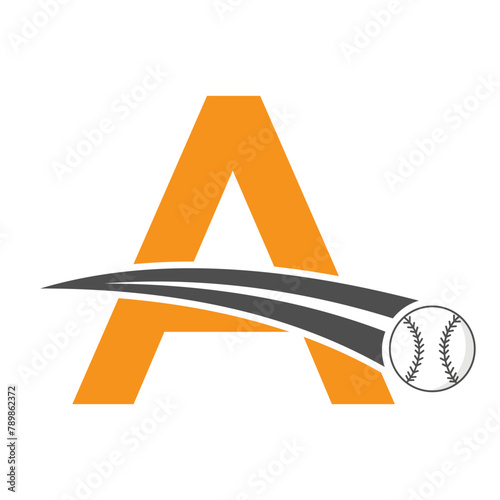 Baseball Logo On Letter A Concept With Moving Baseball Symbol. Baseball Sign